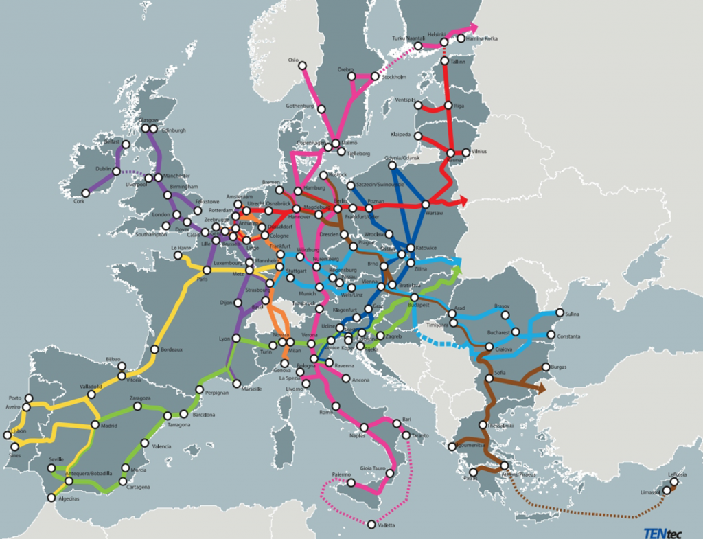 Na sliki je prikazanih devet koridorjev jedrnega omrežja, od katerih dva potekata skozi Slovenijo (Sredozemski koridor in koridor Baltik–Jadran)