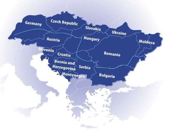 Zemljevid držav, ki so vključene v Danube regijo.