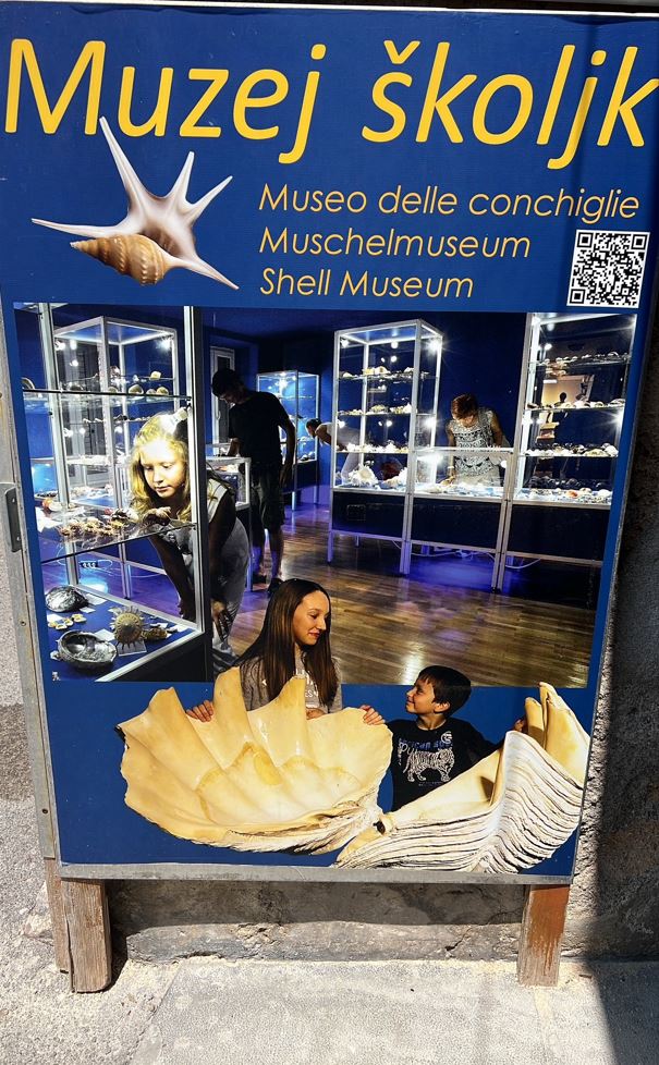 Plakat Muzeja školjk Piran, ki stoji pred muzejem v Piranu