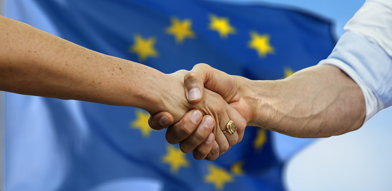 Rokovanje, v ozadju EU zastava