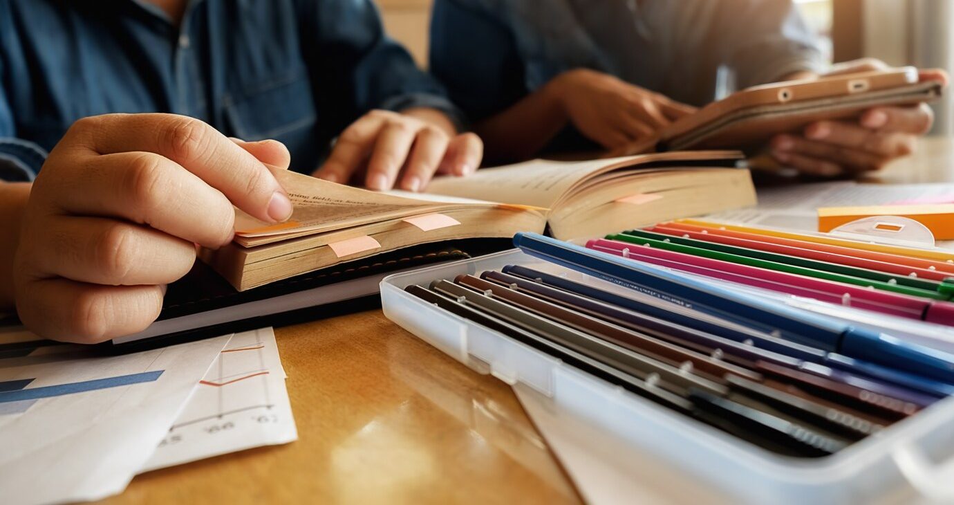 Moška za mizo bereta knjige