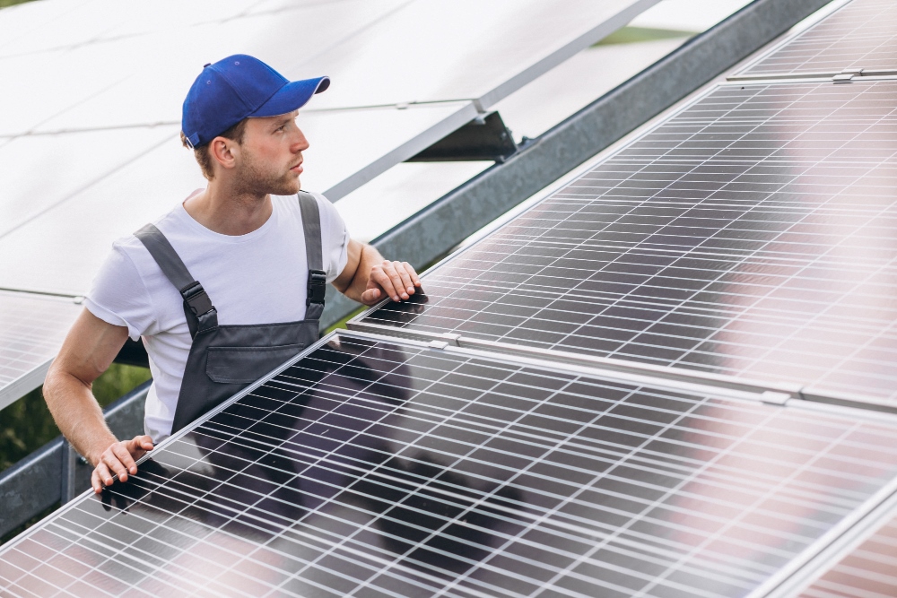 Delavec na polju sončne elektrarne ob sončnih panelih