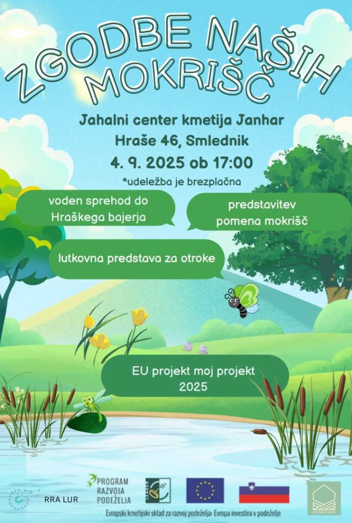 Vabilo na predstavitveni dogodek projekta Zgodbe naših mokrišč, ki bo 4. 9. 2025 ob 17. uri v Smledniku