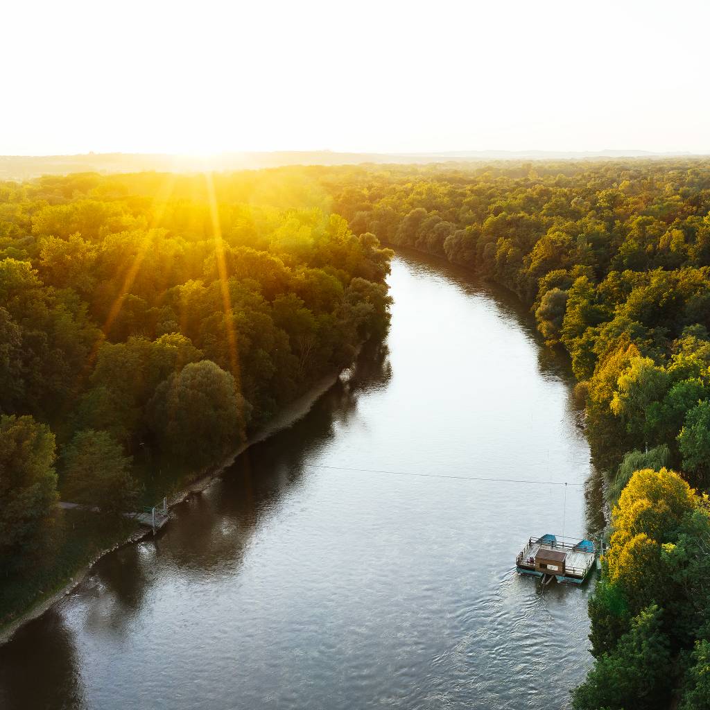 Posnetek reke iz zraka, vidna je gosta vegetacija na obeh straneh in desno spodaj splav.